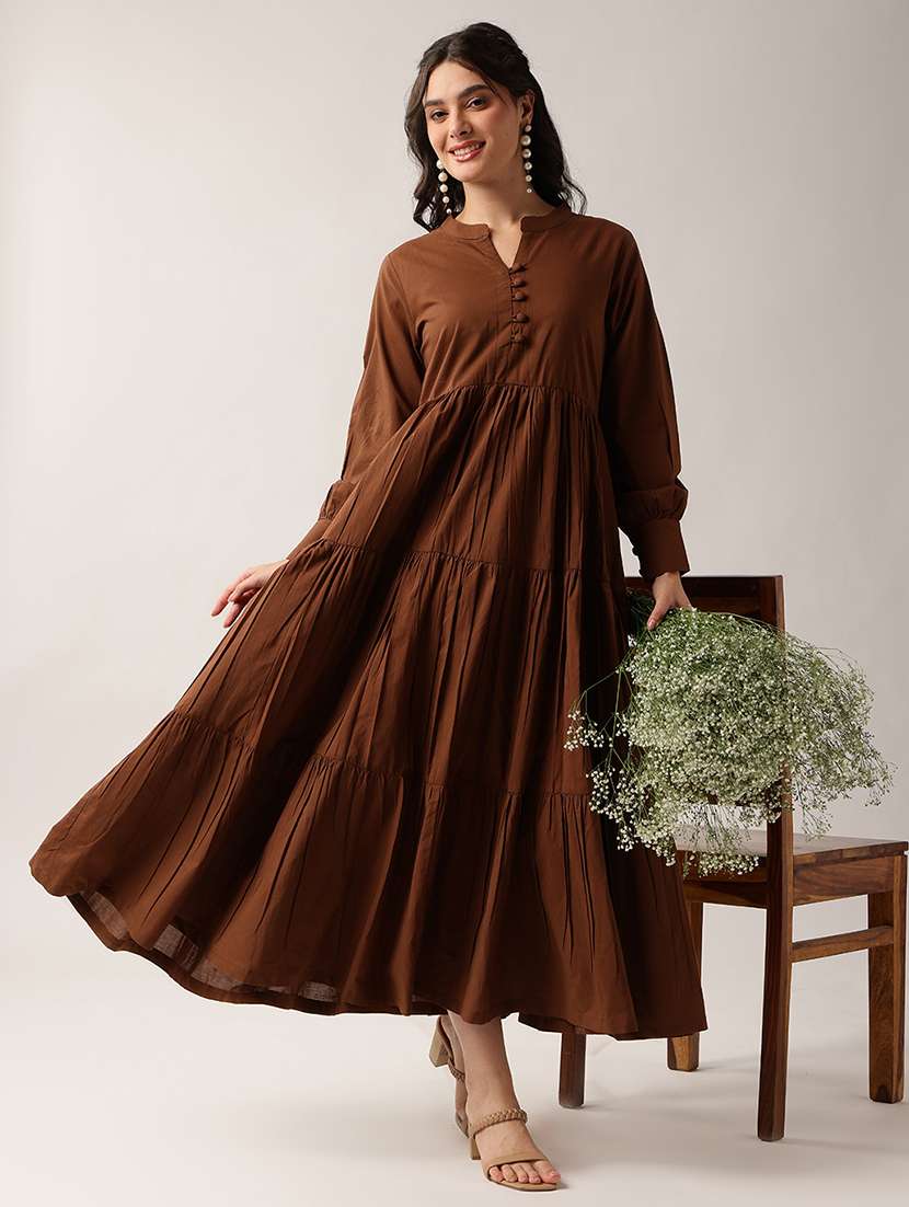 women solid long sleeves tiered dress