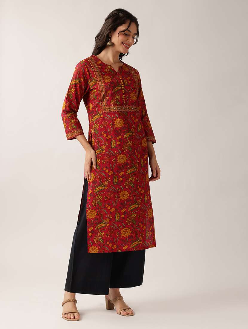 women printed three quarter sleeve straight kurta - 22604036 -  Standard Image - 3