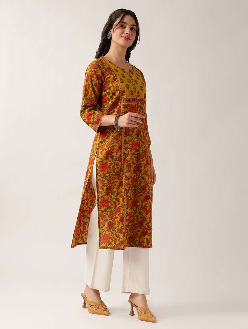 women printed three quarter sleeve straight kurta - 22604038 -  Standard Image - 3