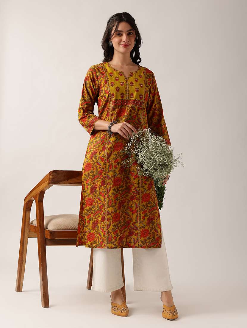women printed three quarter sleeve straight kurta - 22604038 -  Standard Image - 5
