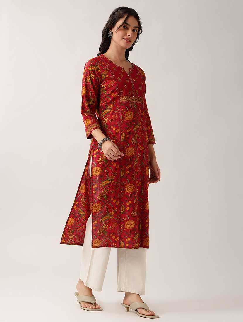 women printed three quarter sleeve straight kurta - 22604039 -  Standard Image - 3
