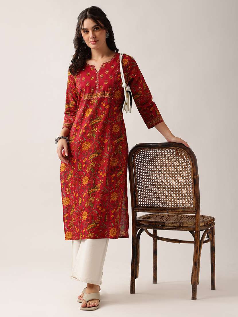 women printed three quarter sleeve straight kurta - 22604039 -  Standard Image - 5