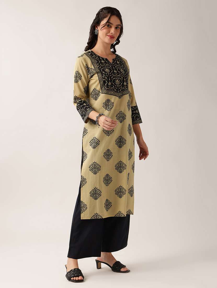 women printed three quarter sleeve straight kurta - 22604041 -  Standard Image - 3