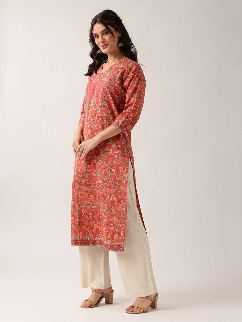 Women Printed Three Quarter Sleeve Straight Kurta - 22604044 -  Standard Image - 3