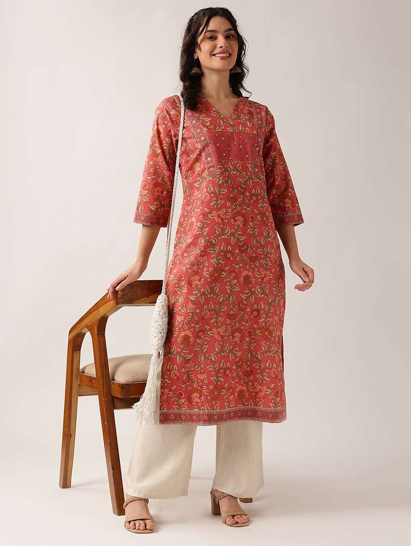 Women Printed Three Quarter Sleeve Straight Kurta - 22604044 -  Standard Image - 5