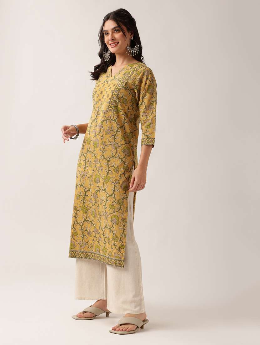 Women Printed Three Quarter Sleeve Straight Kurta - 22604045 -  Standard Image - 3