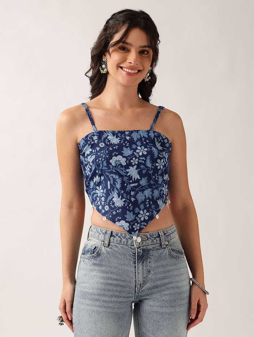 women printed shoulder strap crop top