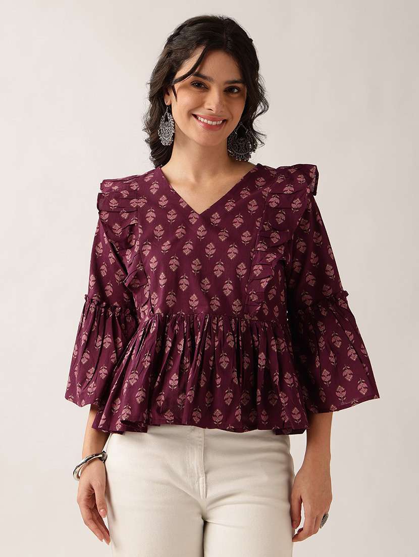 women printed bell sleeves peplum top