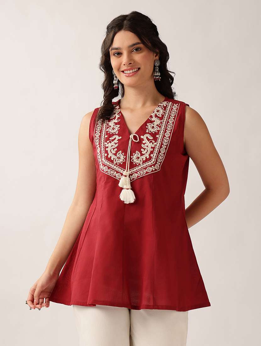women embroidered sleeveless a-line tunic