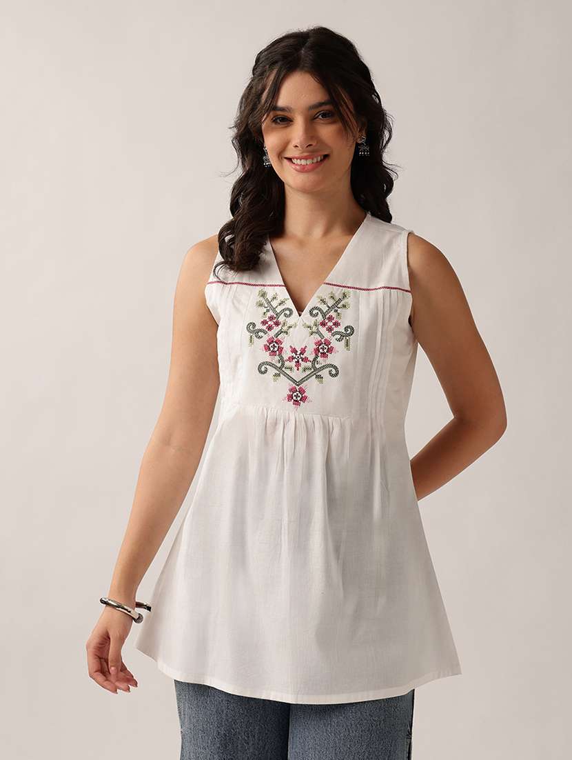 women embroidered sleeveless a-line tunic
