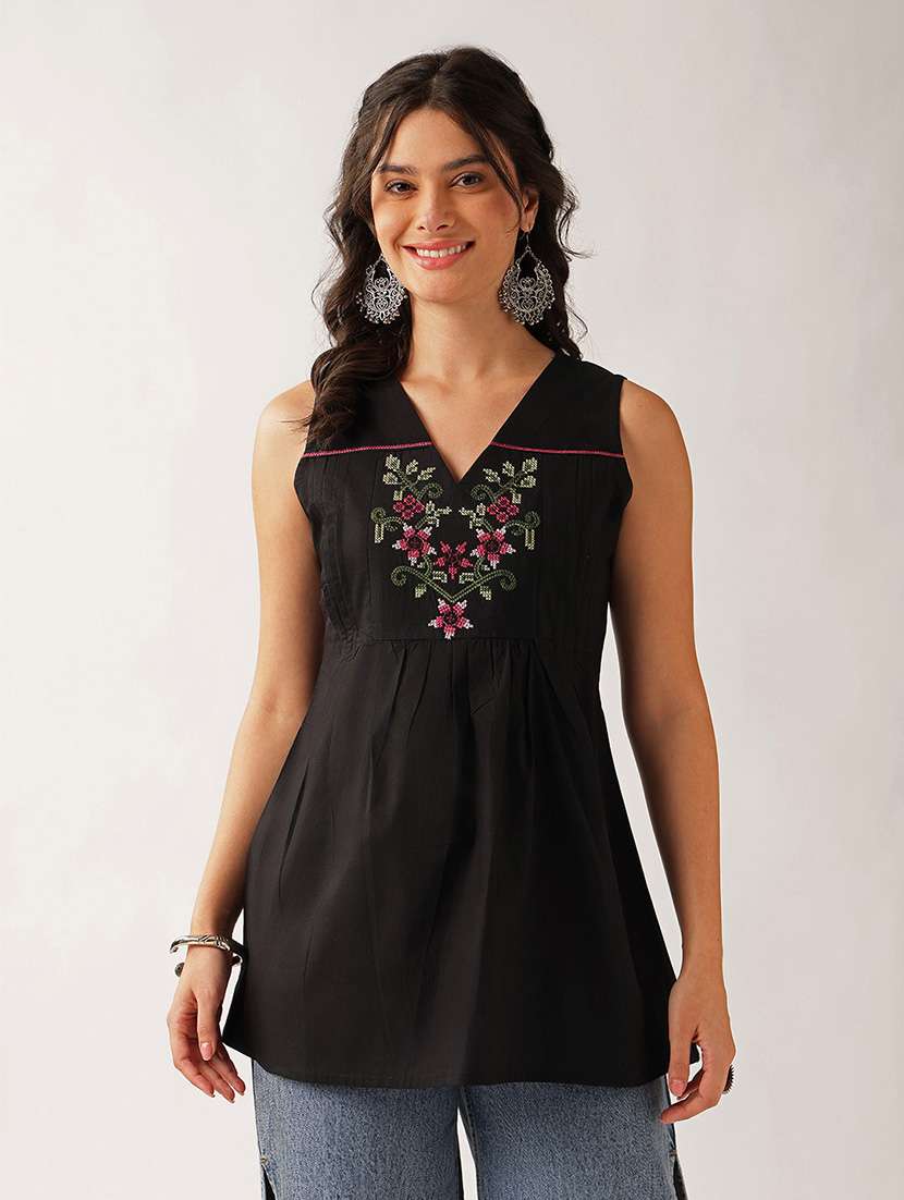 women embroidered sleeveless a-line tunic