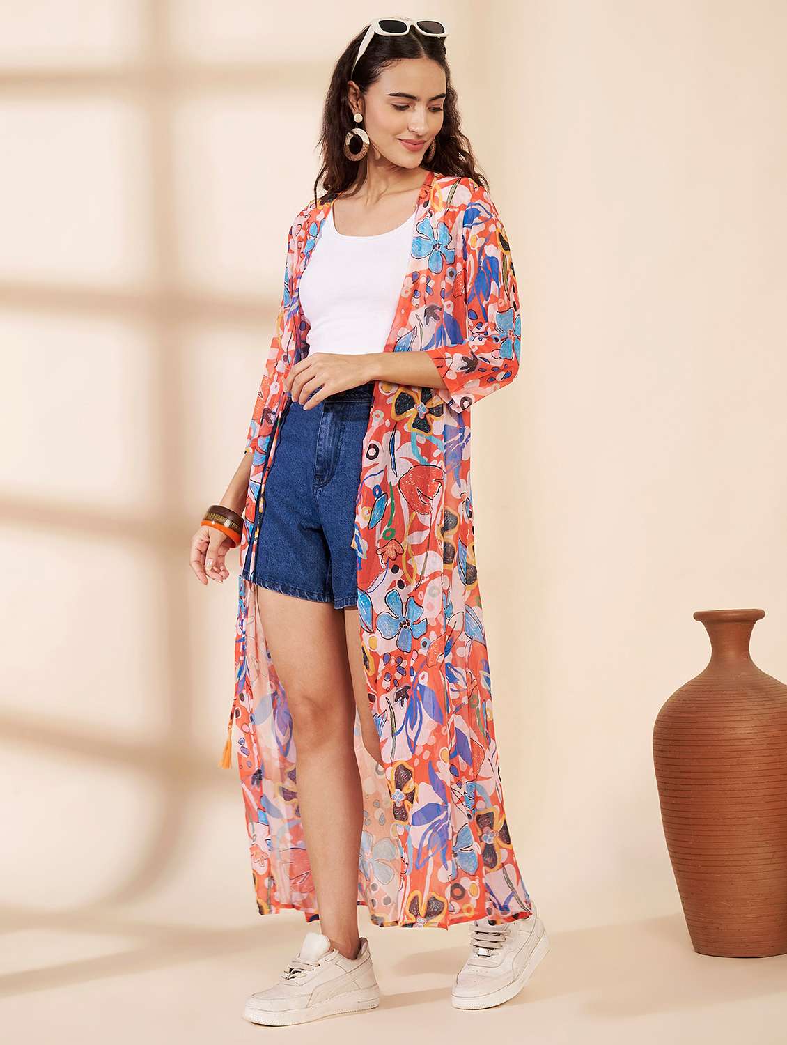 women printed three quarter sleeves long shrug