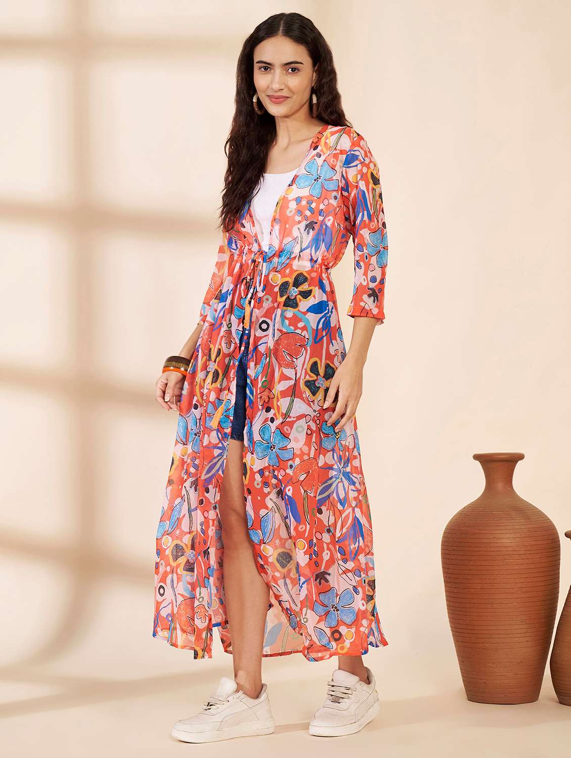 women printed three quarter sleeves long shrug - 22604095 -  Standard Image - 3