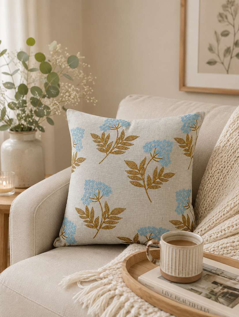 floral embroidered cotton cushion cover with zip closure