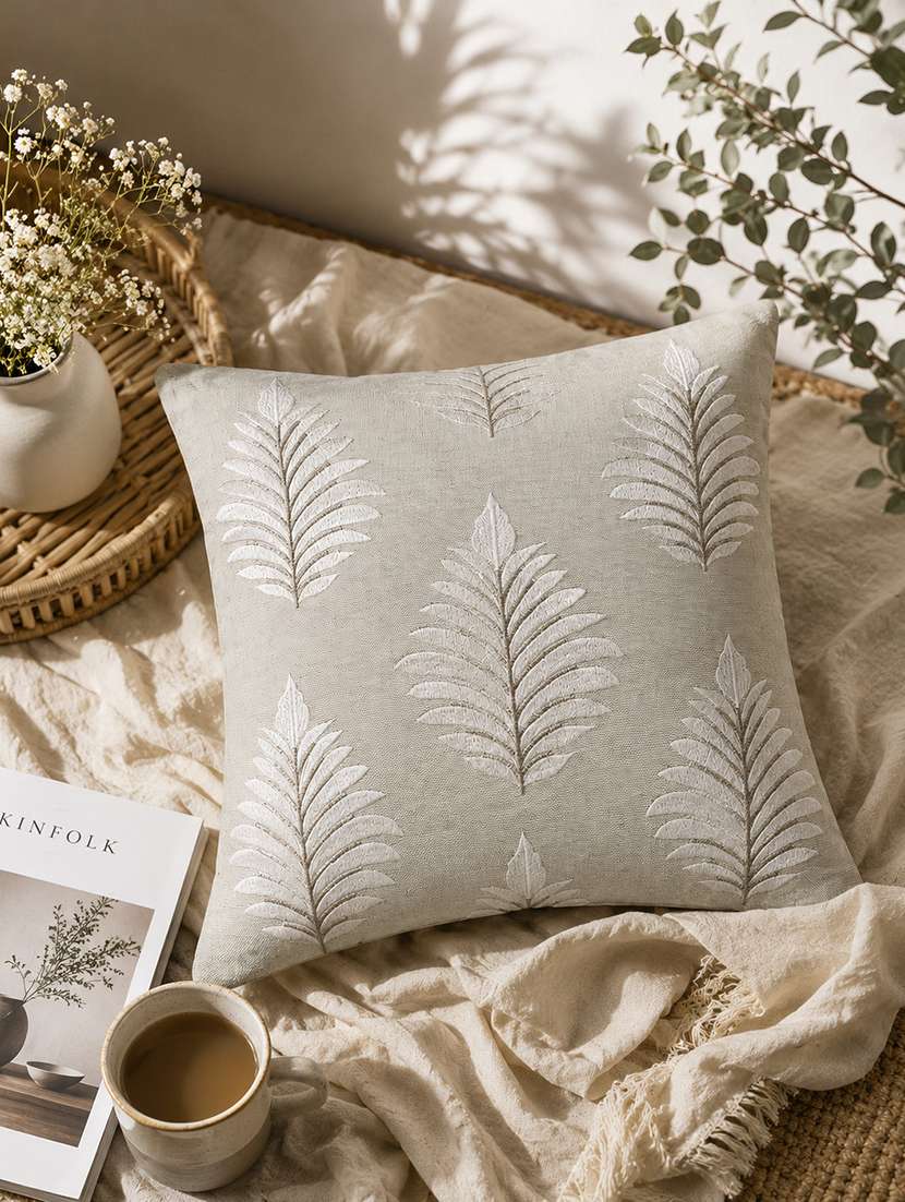 floral embroidered cotton cushion cover with zip closure