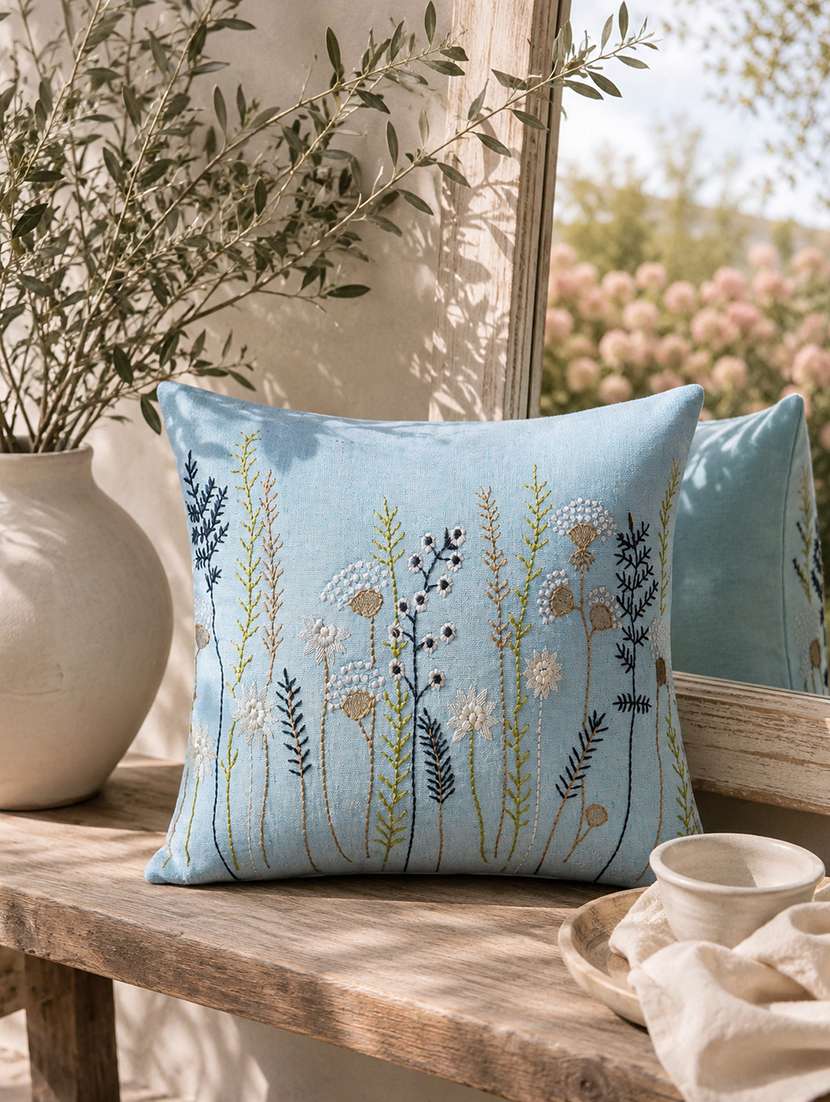 floral embroidered cotton cushion cover with zip closure