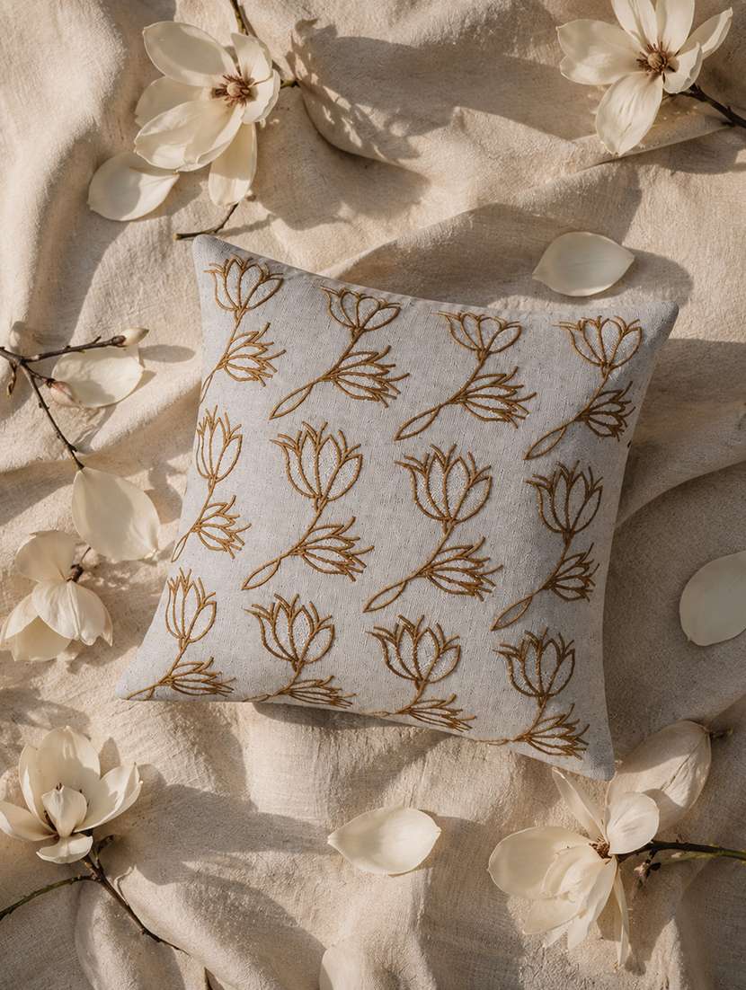 floral embroidered cotton cushion cover with zip closure