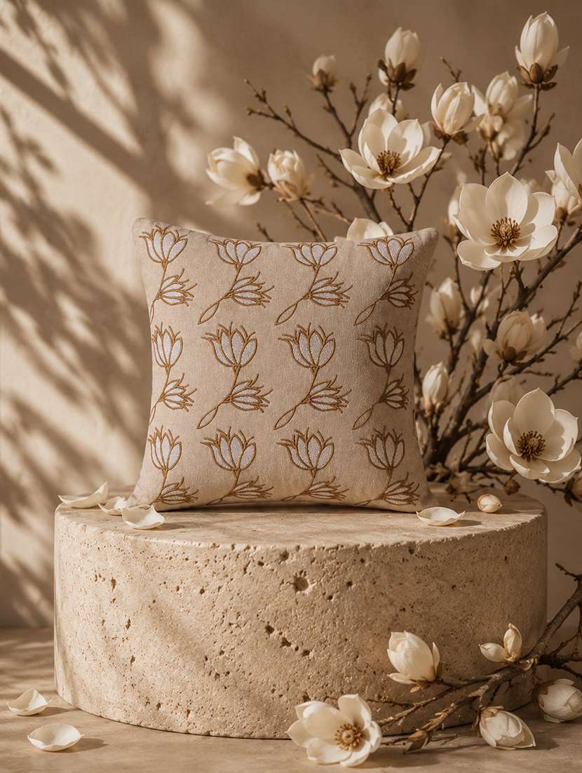 floral embroidered cotton cushion cover with zip closure