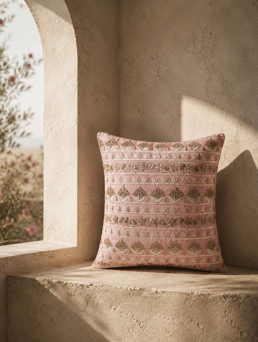 floral embroidered cotton cushion cover with zip closure