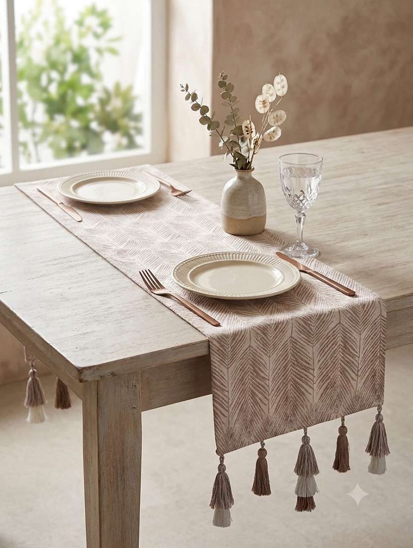 mezposh stave botanical cotton ivory table runner   (6 seater)