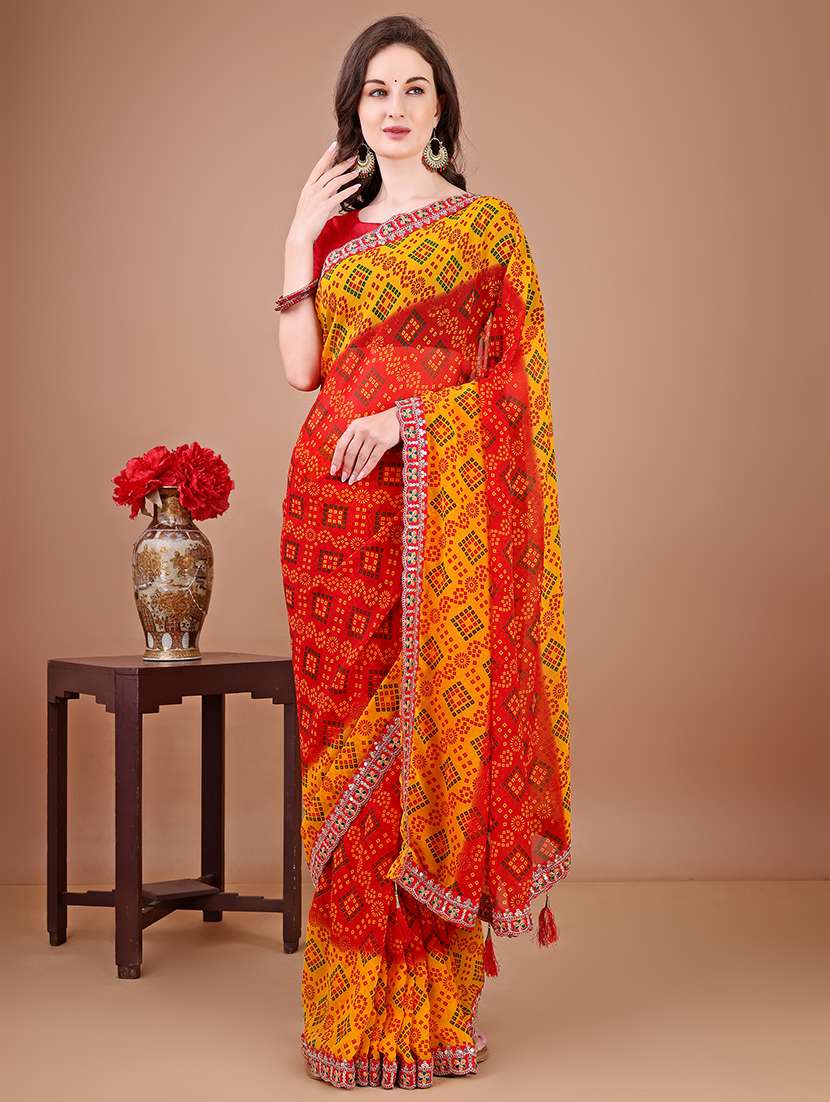 women bandhani printed saree with blouse