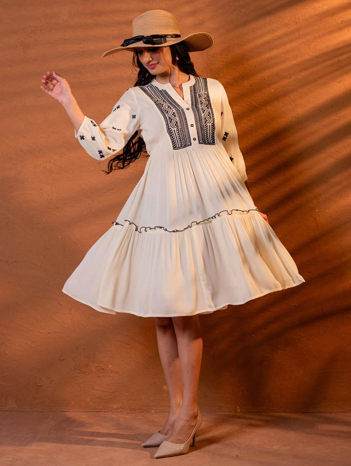 women embroidered three quarter sleeves tiered dress