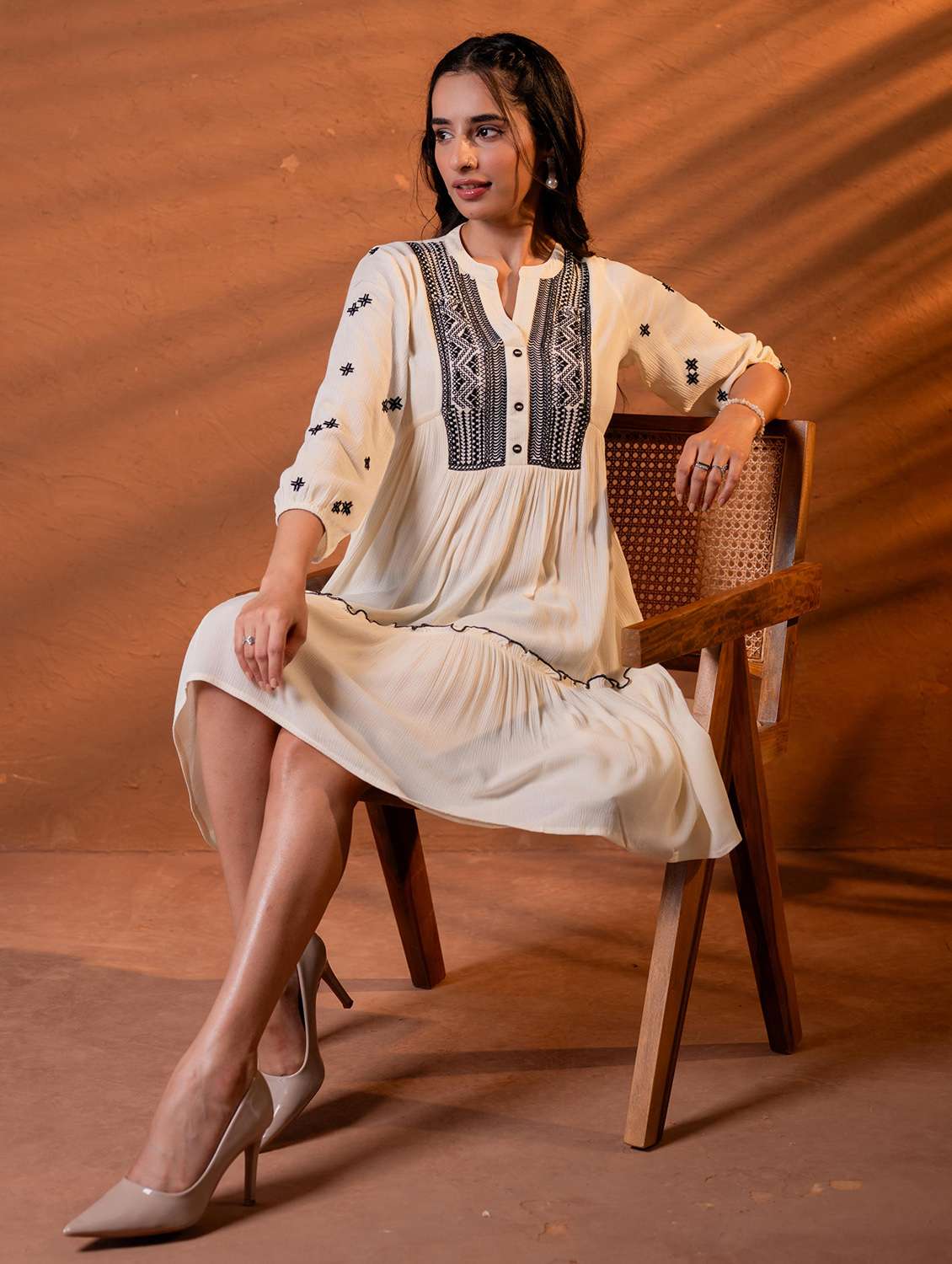 women embroidered three quarter sleeves tiered dress - 22604285 -  Standard Image - 3