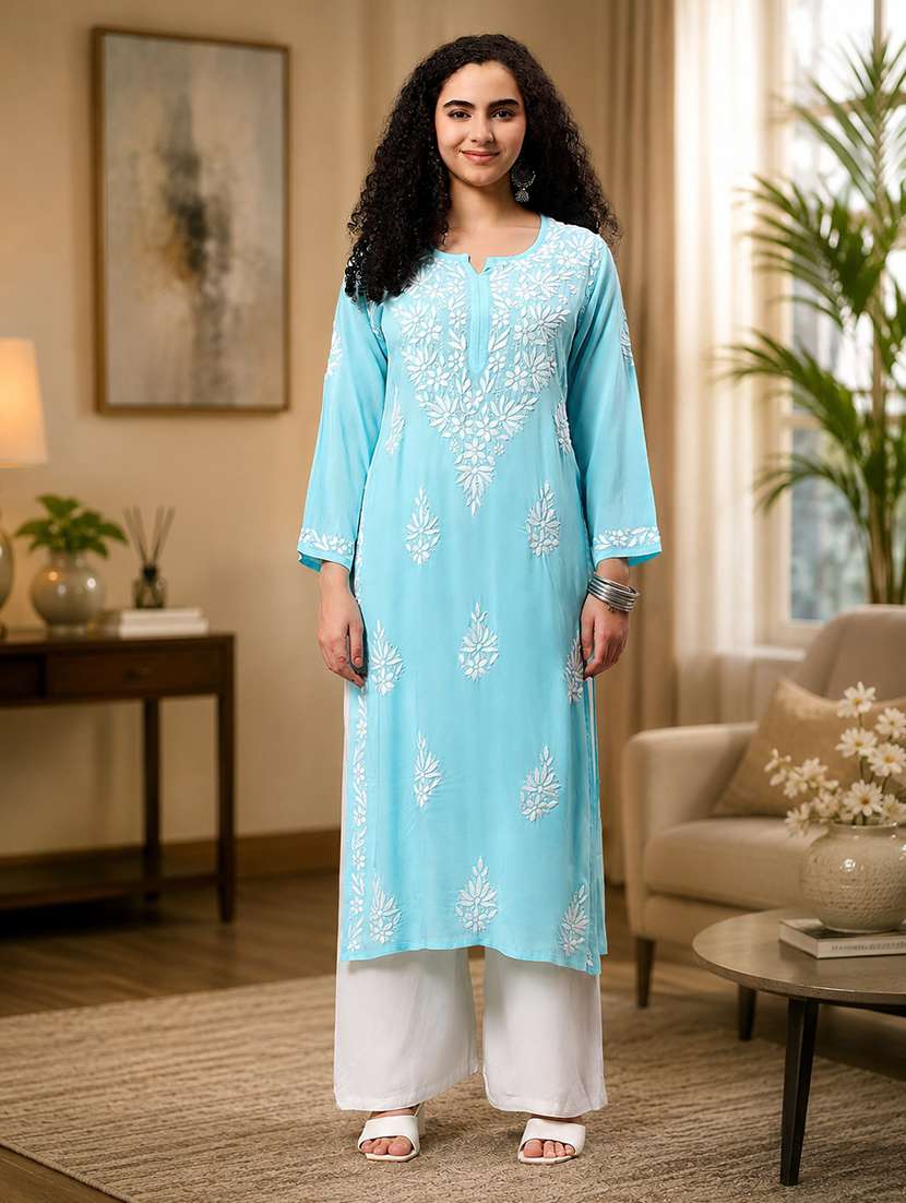 women solid with work three quarter sleeve chikankari kurta