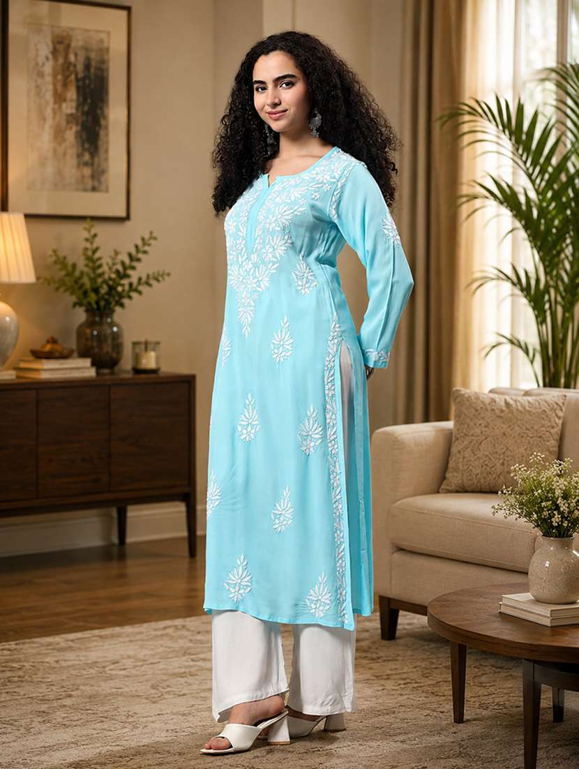 women solid with work three quarter sleeve chikankari kurta - 22604292 -  Standard Image - 3