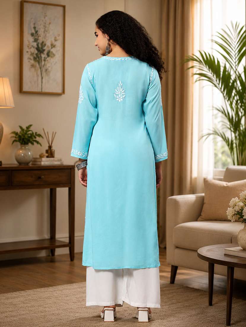 women solid with work three quarter sleeve chikankari kurta - 22604292 -  Standard Image - 5