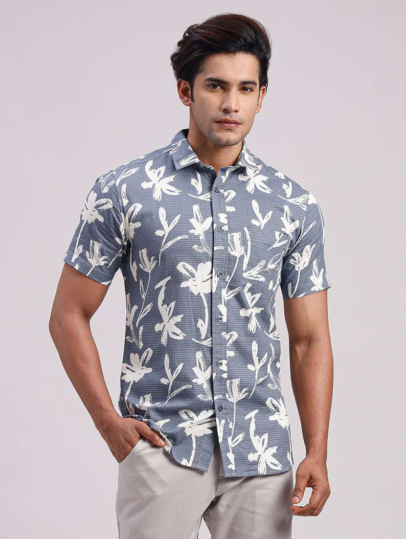 men floral collared slim fit casual shirt