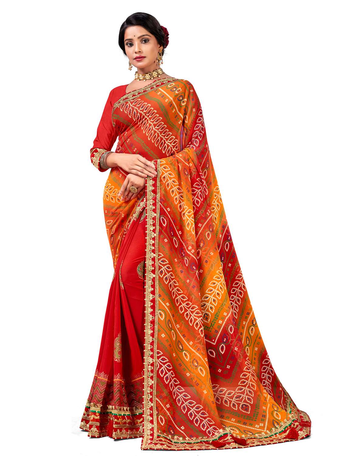 women bandhani printed half & half saree with blouse