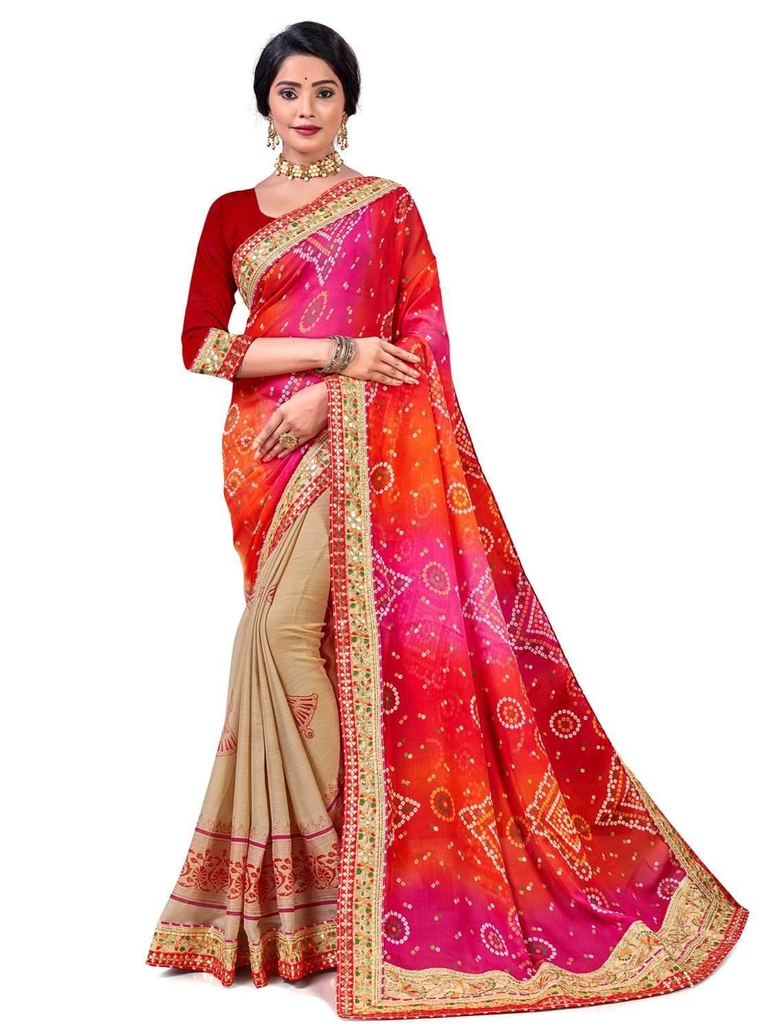 women bandhani printed half & half saree with blouse