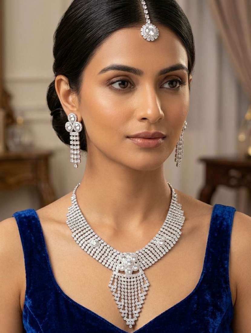 women silver plated brass necklace earring maang tikka set