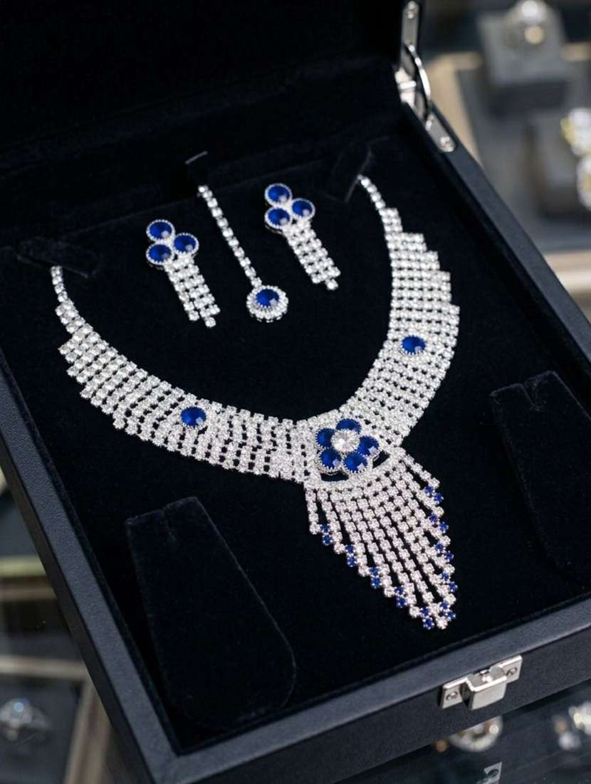women blue stone necklace earring maang tikka set
