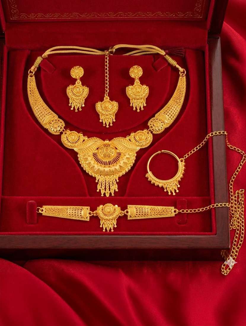 women gold necklace earring maang tikka bracelet nath set
