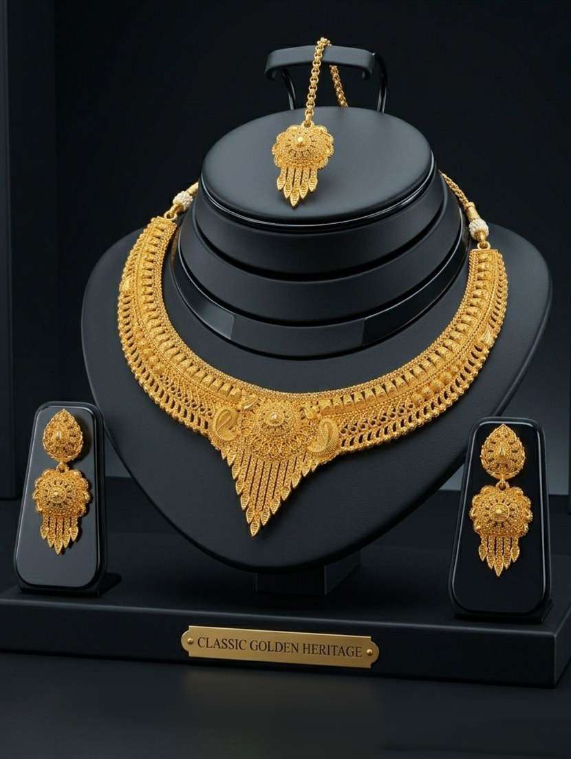 women gold brass necklace earring maang tikka set - 22604771 -  Standard Image - 5