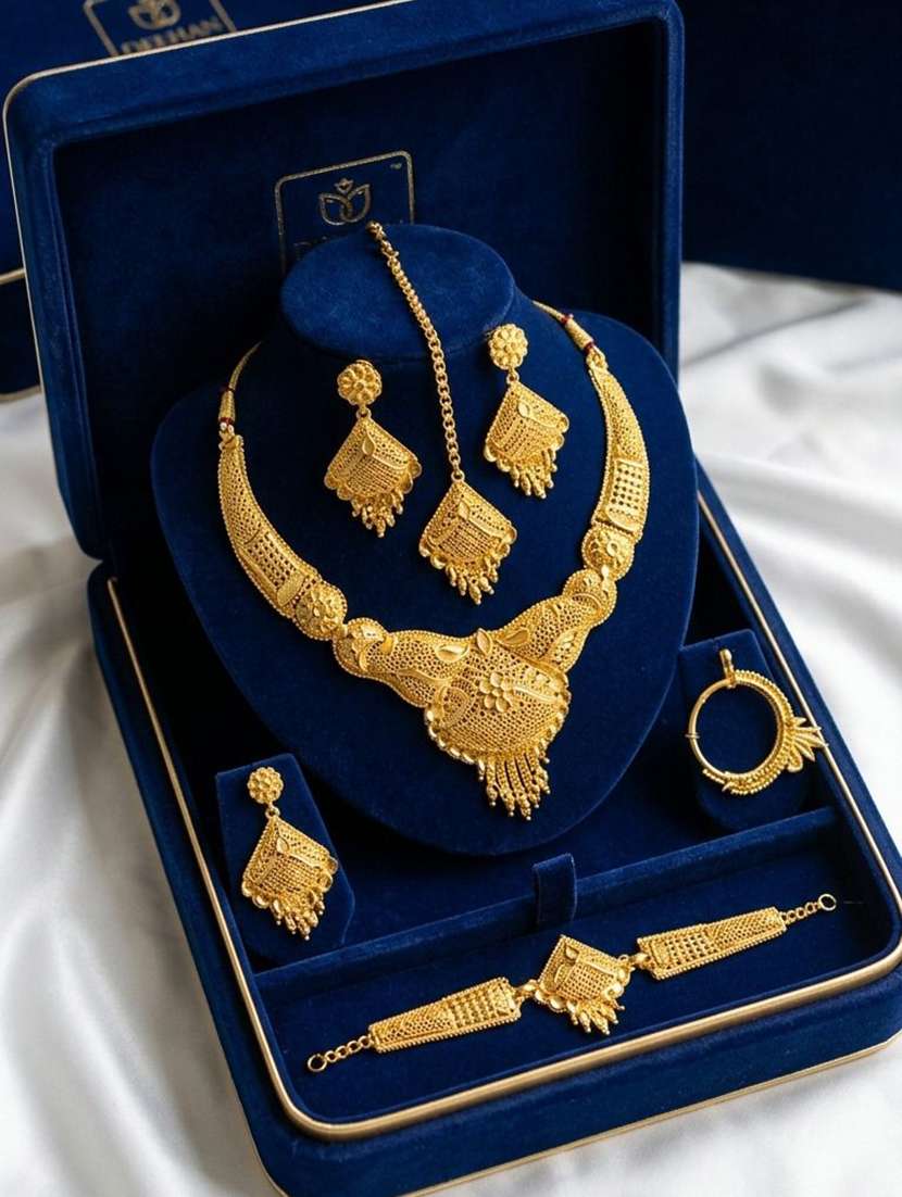 women gold plated brass necklace earring  maang tikka set