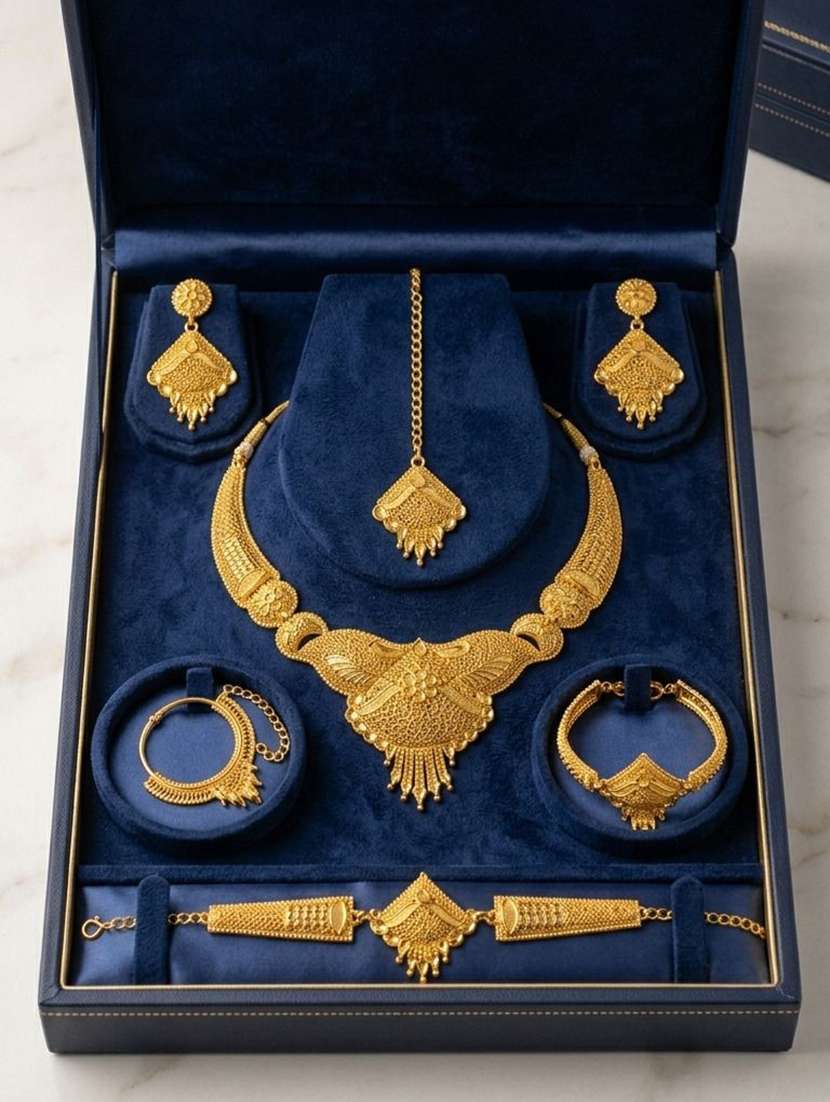 women gold plated brass necklace earring  maang tikka set - 22604782 -  Standard Image - 3