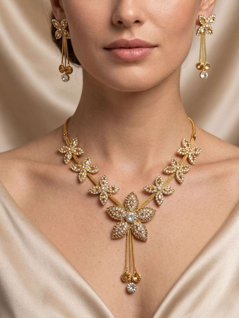 women gold tone floral stone studded earring necklace set combo