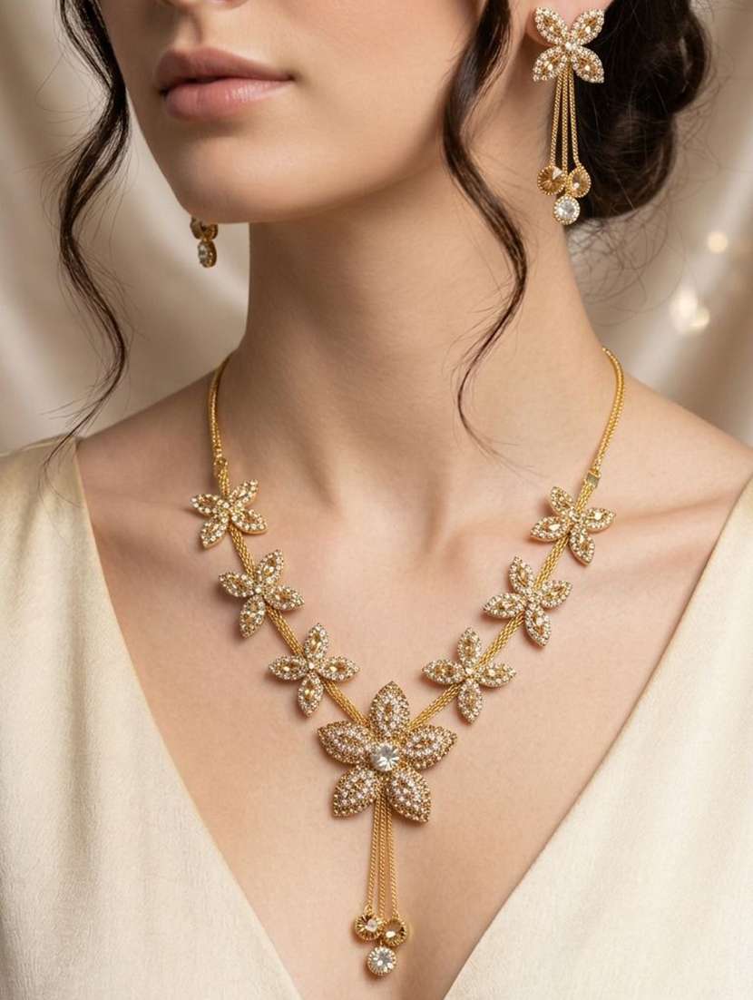 women gold tone floral stone studded earring necklace set combo - 22604784 -  Standard Image - 3