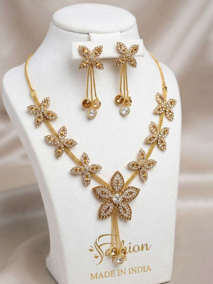 women gold tone floral stone studded earring necklace set combo - 22604784 -  Standard Image - 5