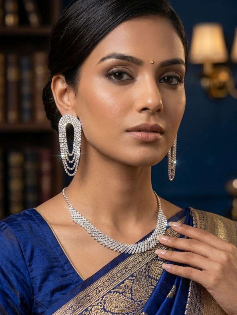 women silver brass choker necklace and earrings set for women