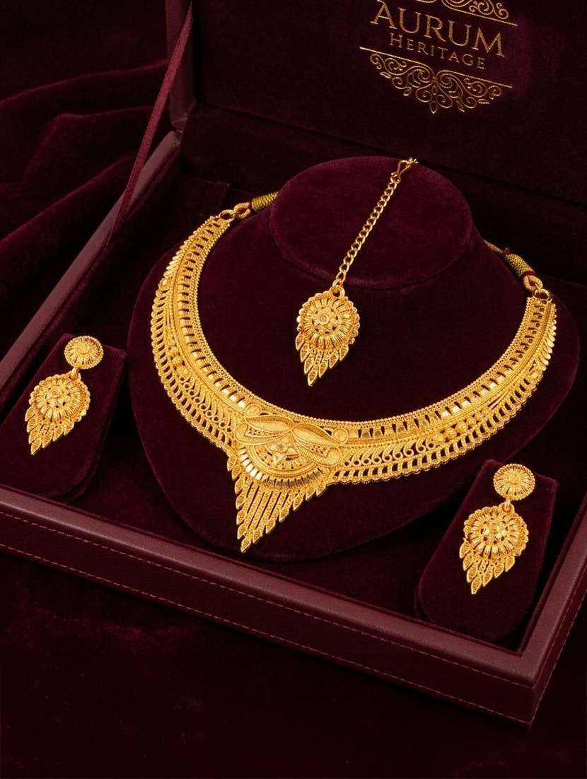 women gold plated brass necklace earring  maang tikka set