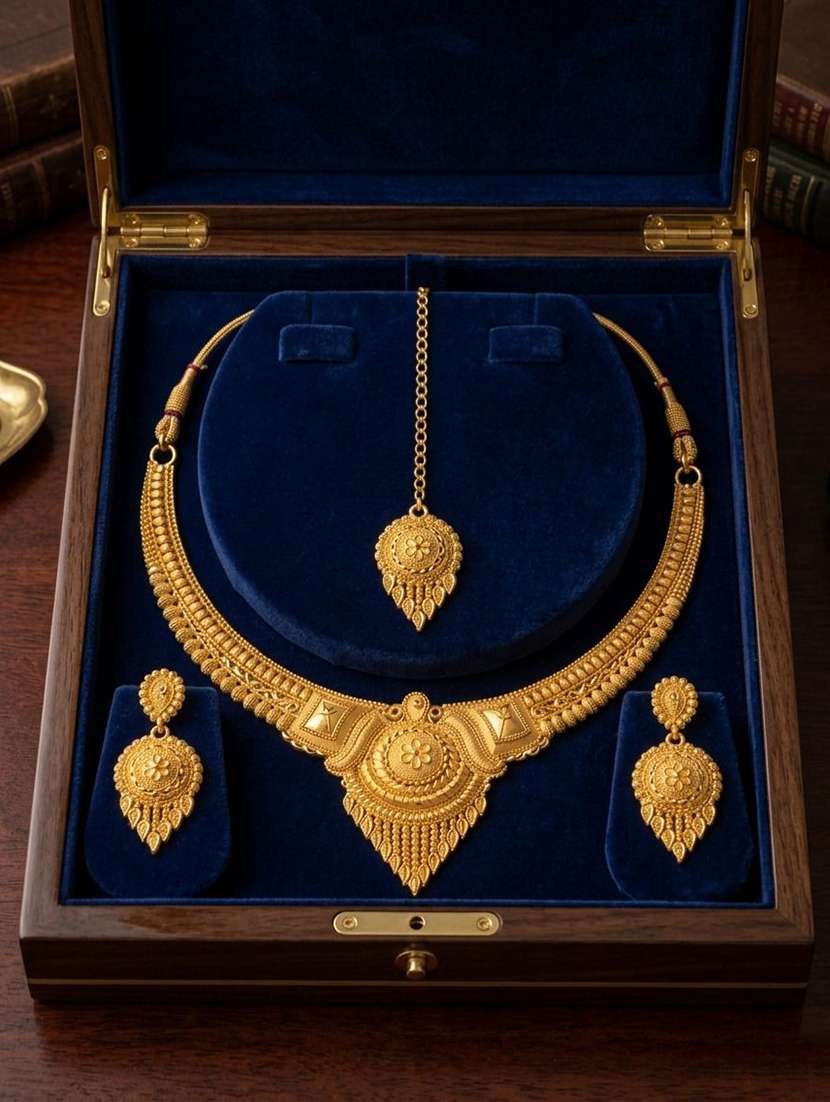 women gold plated brass necklace earring  maang tikka set