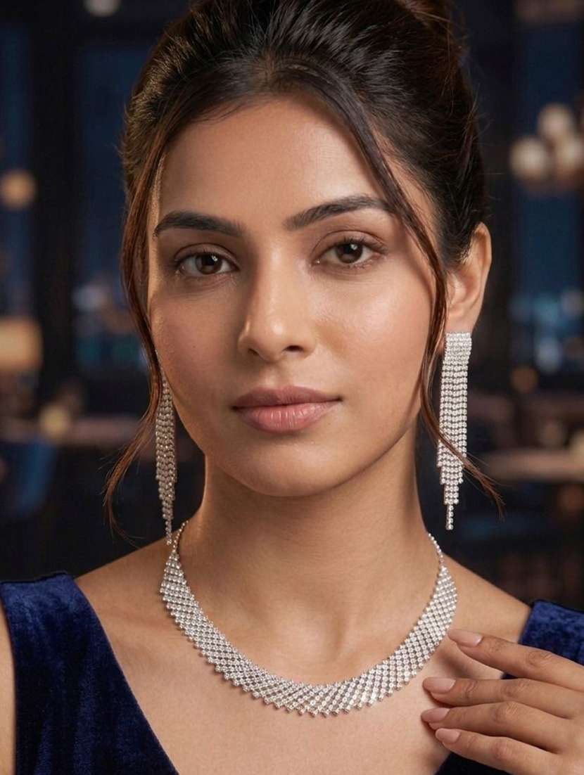 women silver metal brass necklace and earring set