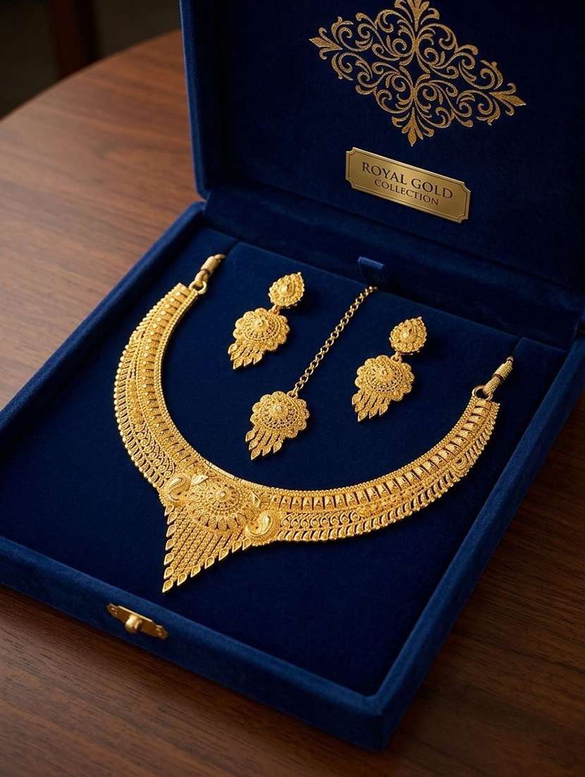 women gold plated brass necklace earring  maang tikka set