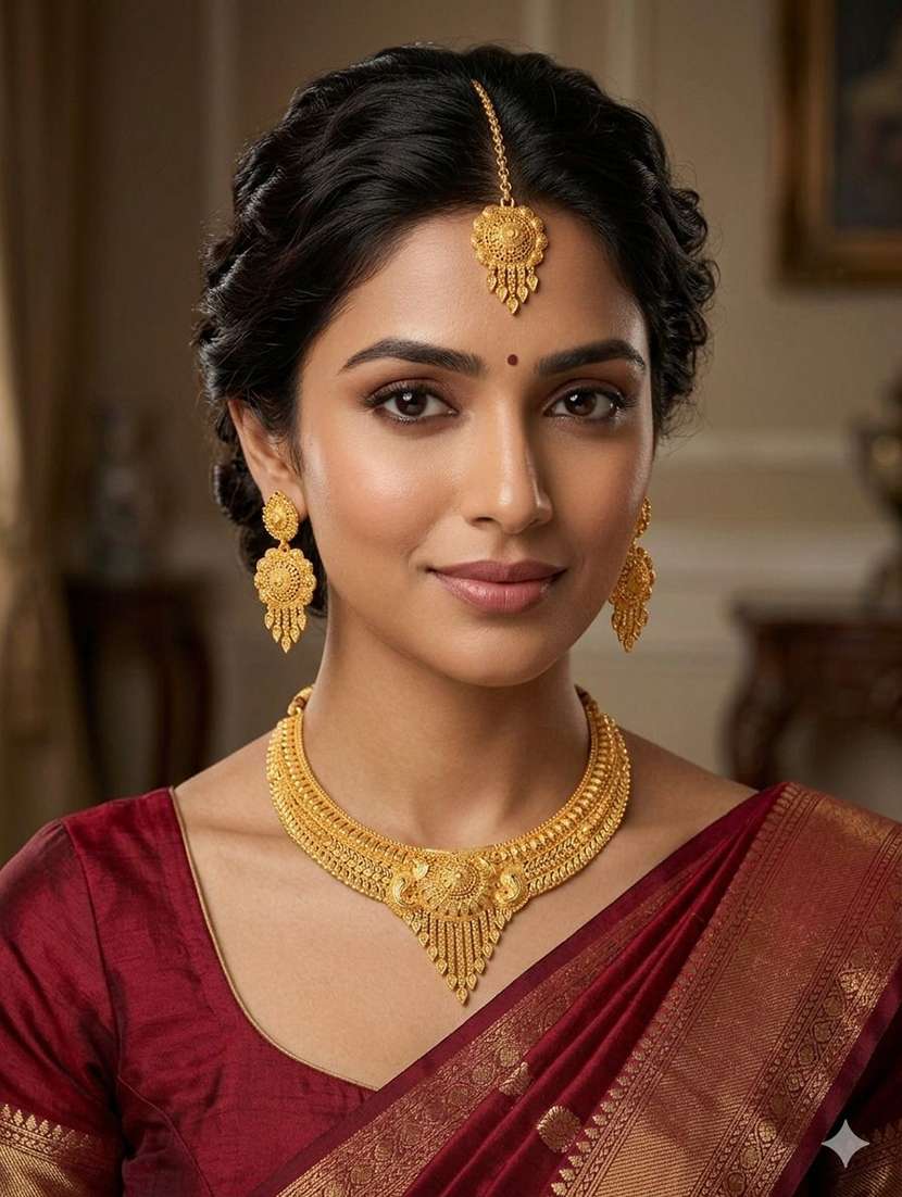 women gold plated brass necklace earring  maang tikka set - 22604790 -  Standard Image - 3