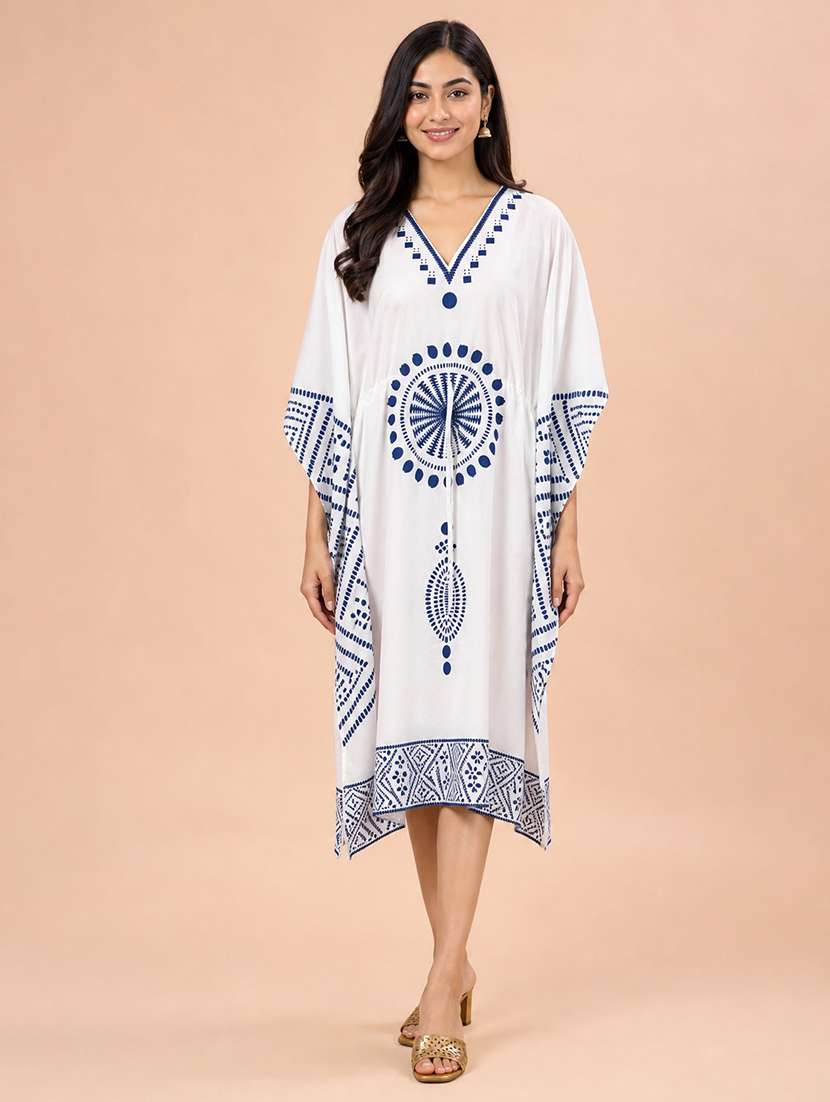 women printed v neck kaftan dress