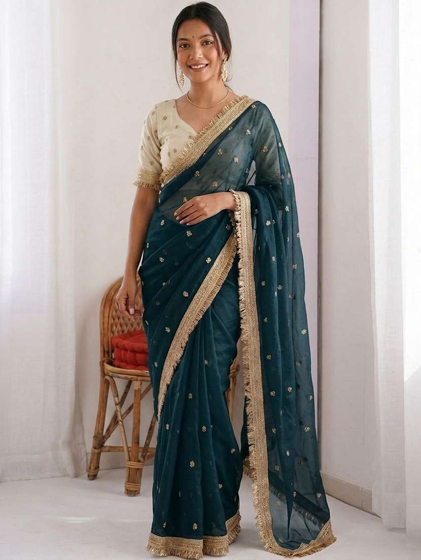 women solid with work embroidered saree with blouse